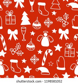 Vector Seamless Winter Pattern Background with white Christmas elementson red background. Can be used for textile, parer, scrapbooking, wrapping, web and print design