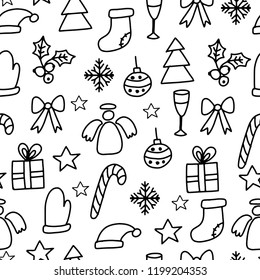 Vector Seamless Winter Pattern Background with black doodle Christmas elements on white. Can be used for textile, parer, scrapbooking, wrapping, web and print design