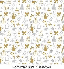 Vector Seamless Winter Pattern Background with Silver and Gold Christmas elements. Can be used for textile, parer, scrapbooking, wrapping, web and print design