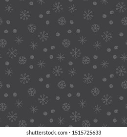 Vector Seamless Winter Pattern Background with Snowflakes on dark grey background. Can be used for textile, parer, scrapbooking, wrapping, web and print design