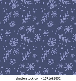 Vector Seamless Winter Pattern Background with Snowflakes and Leaves.