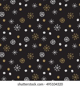 Vector Seamless Winter Pattern Background with White and Gold Snowflakes on Black Background. Can be used for textile, parer, scrapbooking, wrapping, web print design