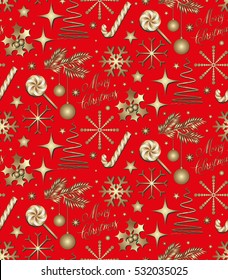 Vector Seamless Winter Pattern Background with Sikver and Gold snowflakes, candy, stars and different Christmas attributes