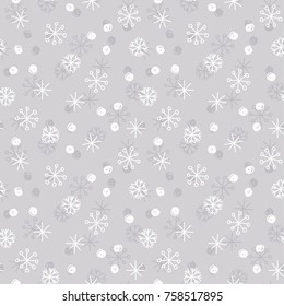 Vector Seamless Winter Pattern Background with White and Grey Snowflakes on Silver Grey Background. Can be used for textile, parer, scrapbooking, wrapping, web and print design