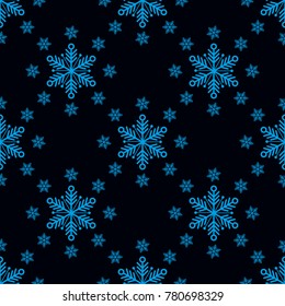 Vector Seamless Winter Pattern Background with blue Snowflakes on Black Background. Can be used for textile, parer, scrapbooking, wrapping, web and print design.