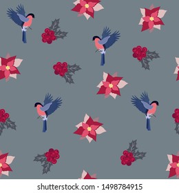 Vector seamless winter pattern with bird bullfinch, holly and poinsettia on a gray background . Endless texture. Sample background for web, covers, banners, decoration, elegant design.
