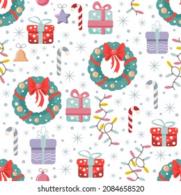 Vector seamless winter pattern with Christmas design elements. Gift boxes, Christmas wreaths, garlands, caramel cane, Christmas decorations. Merry Christmas!