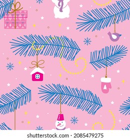 Vector seamless winter pattern. Christmass decoration on pink, rose background. Christmass toys on fir branches. New year pattern.