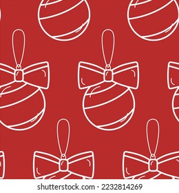 Vector seamless winter pattern with countour christmas tree ball toy on a red background. New year, Christmas, textile, paper, office supplies, web design.