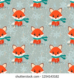 Vector seamless winter pattern with cute fox with scarf, plants, snowflakes ornament on snow background. Endless texture. Sample children background for web, covers, banners, decoration.