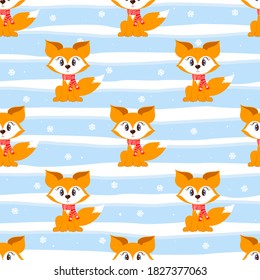Vector seamless winter pattern with cute fox with scarf and snowflakes. Sample children background for web, covers, banners, decoration, fabric.