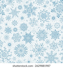 Vector seamless winter pattern with doodle blue snowflakes and stars on a transparent background
