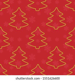 Vector seamless winter pattern with golden christmas trees on red background; Christmas design for greeting card, gift box, wallpaper, wrapping paper, fabric, web design.