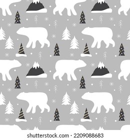 vector seamless winter pattern in scandinavian style with polar bears, fir trees and snowflakes