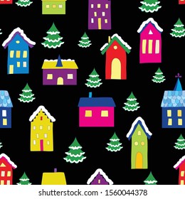 Vector seamless winter pattern with stylized European houses. 