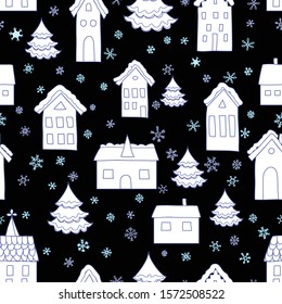 Vector seamless winter pattern with stylized European houses and snowflakes. Merry Christmas Happy New year