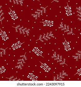Vector seamless winter pattern with white branches and snow on a red background. For print,packaging,wallpaper,textile,kids design,web design,postcard,banner