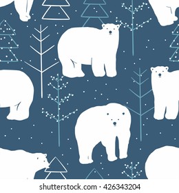 Vector seamless winter pattern with white polar bears