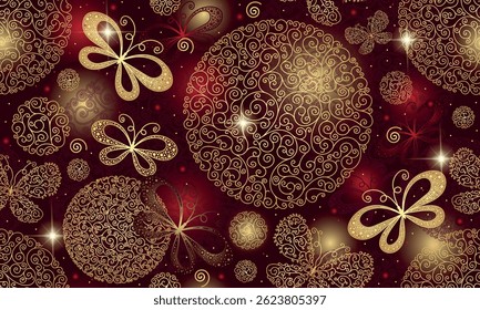 Vector seamless winter red pattern with hand drawn golden swirl circles, stylized butterflies, gradient spots, beads and vivid stars. For textile, wallpaper and packaging