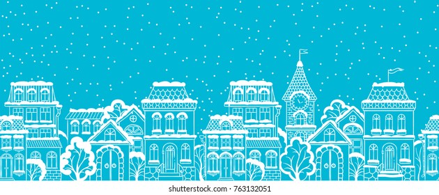 Vector seamless winter snowy city scape. Graphic background  Illustration for Christmas and New Year decor or invitation design.