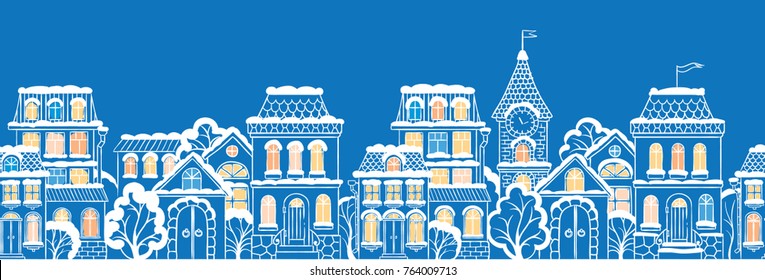 Vector seamless winter snowy city night scape with lighting windows. Graphic background  Illustration for Christmas and New Year decor or invitation design.