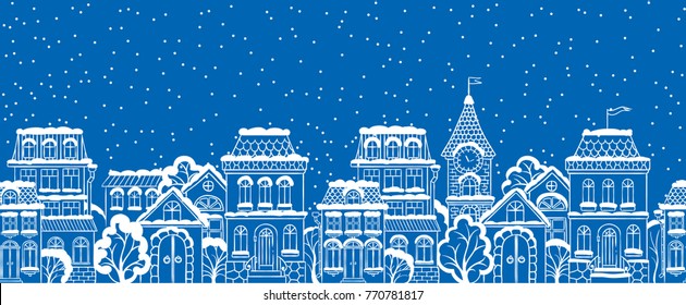 Vector seamless winter snowy city scape. Graphic background  Illustration for Christmas and New Year decor or invitation design.