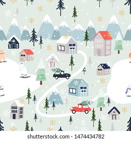 Vector Seamless Winter wonderland with polar bear playing ice skates for celebrating on Christmas Day, Flat cute cartoon pattern for wrapping paper or fabric for Xmas,New Year 2024 concept