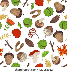 Vector seamless woodland elements pattern. Cartoon fir-cones, maple seeds, apples, tree branches, autumn leaves, mushrooms, rowan berries, flowers, acorns and chestnuts. Outdoors boundless background.
