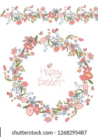 vector seamless wreath of floral elements, lettering, happy easter