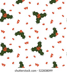 Vector seamless xmas pattern with holly berries and leaves on white background