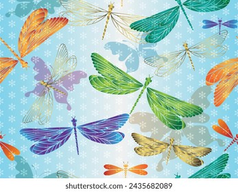 Vector seamless yand drawn blue gradient pattern with colorful dragonflies and butterflies
