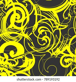Vector seamless yellow abstract pattern on black background with waves and curl