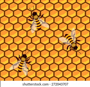 vector seamless yellow background with honeycombs and bees