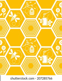 Vector seamless yellow pattern with honeycomb, honeybees, hive and honey pot 
