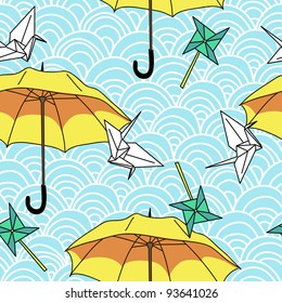 vector seamless with yellow umbrellas and origami figures