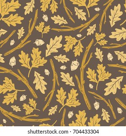 Vector seamless yellow vintage pattern with acorns branches and leaves on brown background