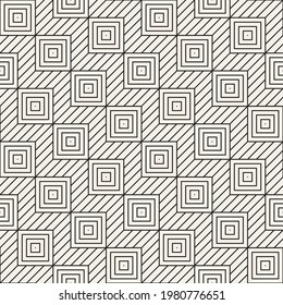 Vector seamless zigzag lines and squares pattern. Repeating abstract background. Black and white geometric design. Modern stylish texture.