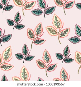 vector seamlesspattern with green ficus leaves on light pink background