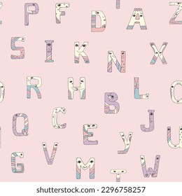 Vector seamlesspattern with multicolored different letters of English alphabet, cute doodle-style hand drawn letters on pink background. Children's background for textiles and covers.