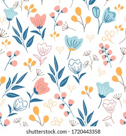 Vector seamless-pattern-with-hand-drawn-flowers. Tulip flowers pattern in trendy flat style. 