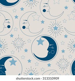 Vector seamlesss pattern with crescent moons and stars