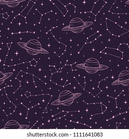 Vector seamlesss pattern with zodiac constellations and Saturn planets outline in pink pastel colors on the dark background. Hand drawn cosmic backdrop in sketch style.