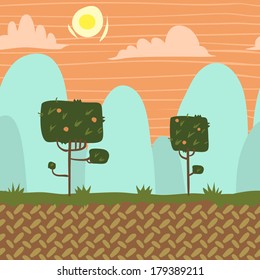 Vector seamnless forest garden game background horizontal pattern. With sun and mountains.