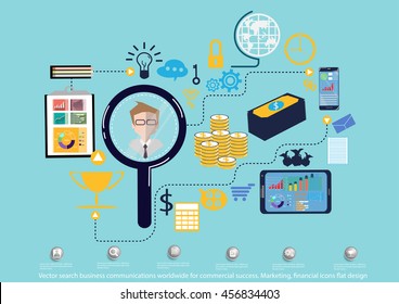 Vector search business communications worldwide for commercial success. Marketing, financial icons flat design