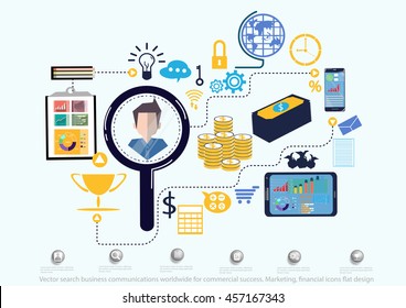 Vector search business communications worldwide for commercial success. Marketing, financial icons flat design