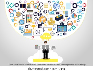 Vector search business communications worldwide for commercial success. Marketing, financial icons flat design