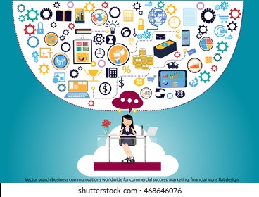 Vector search business communications worldwide for commercial success. Marketing, financial icons flat design