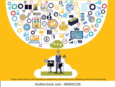 Vector search business communications worldwide for commercial success. Marketing, financial icons flat design