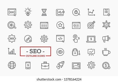 Vector Search Engine Optimization thin line Icons. SEO Elements for landing page.