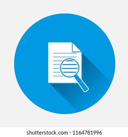 Vector search icon document. Find in document symbol on blue background. Flat image  Search in file icon with long shadow. Layers grouped for easy editing illustration. For your design.